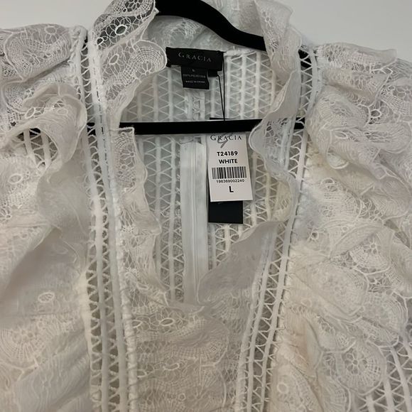 Gracia Sheer Lace Ruffle Arm White Peplum Style Blouse Size Large NWT - Picture 4 of 6
